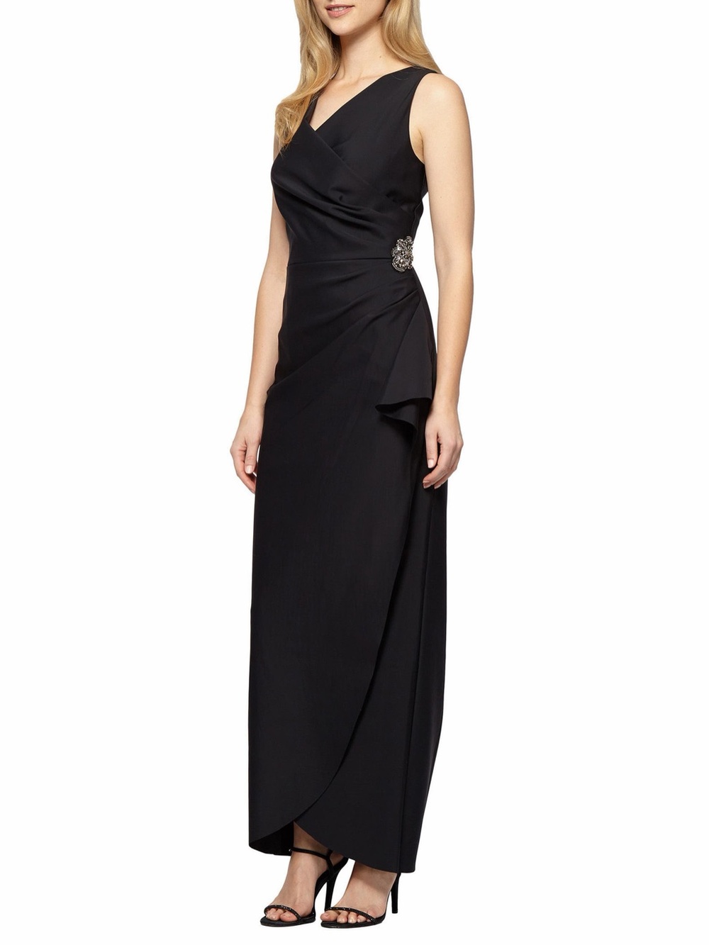 Alex Evenings Column Gown Black Size 12 Embellished Drape Formal Dress